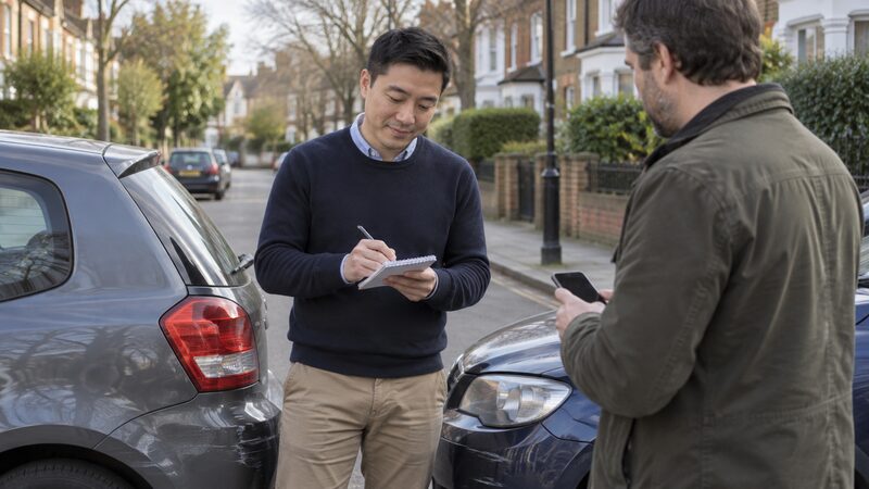 A driver writes his details on a notepad for another driver beside two cars with minor damage.