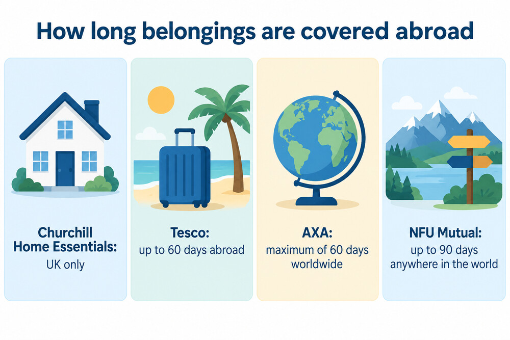 A comparison of how long personal possessions cover lasts abroad on different policy types