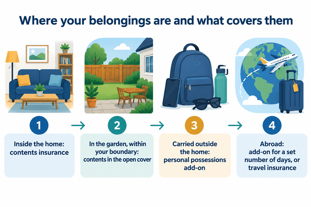 How belongings are covered depending on where they are: inside the home, in the garden, or carried away from home