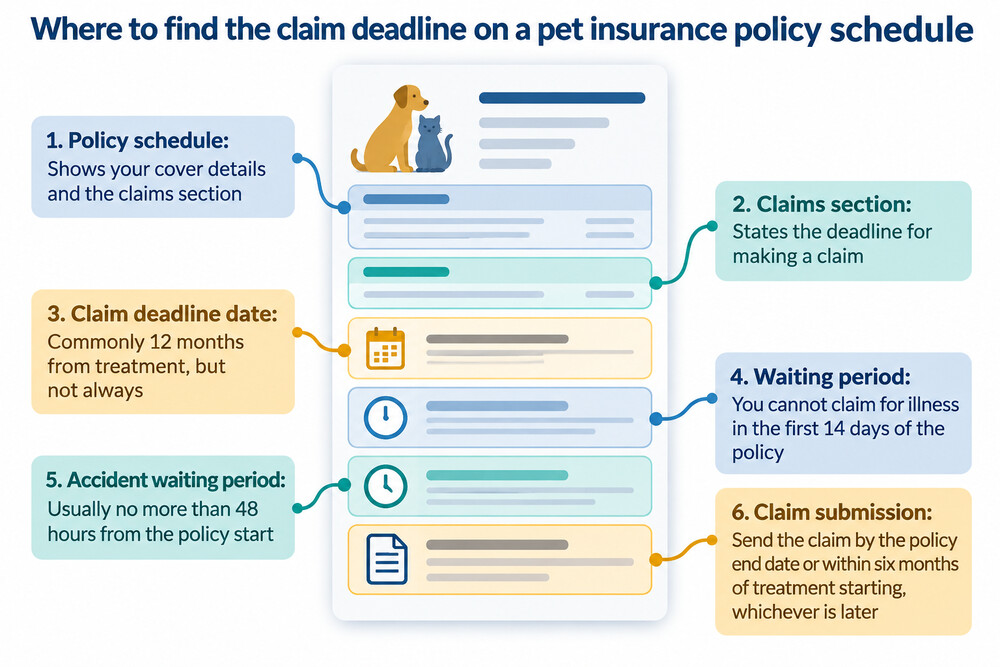 A policy schedule with the claims section highlighted and a date circled