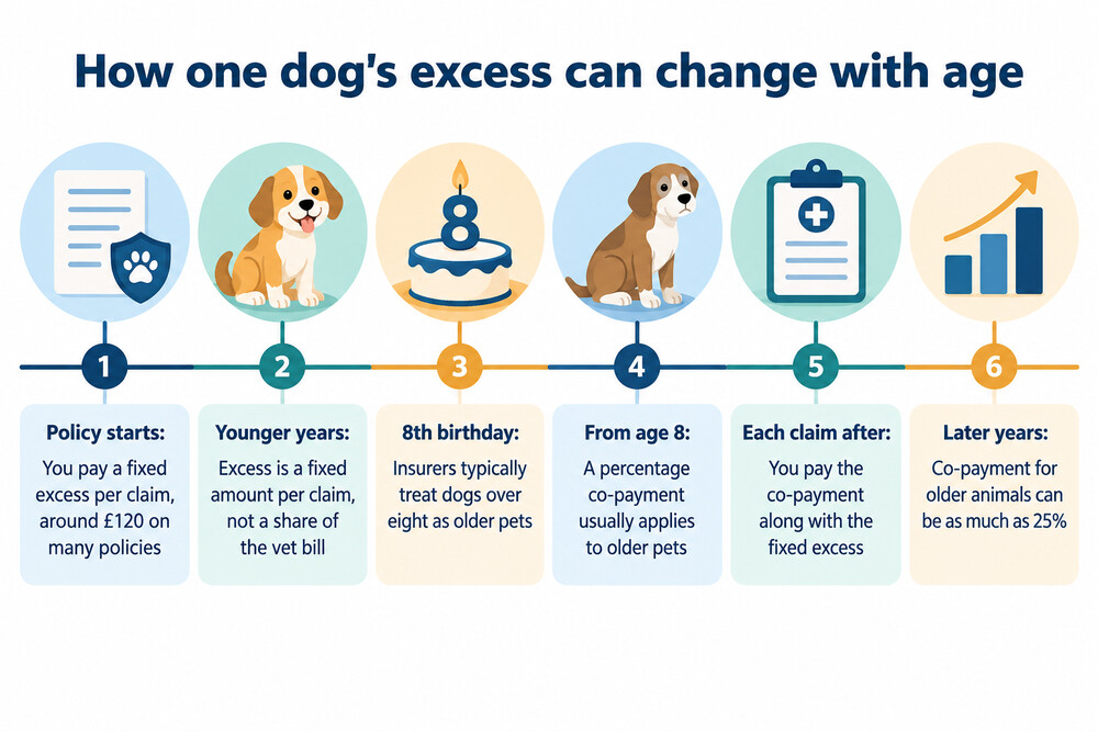 A timeline of a pet's life showing the ages at which excesses and co-payments typically change