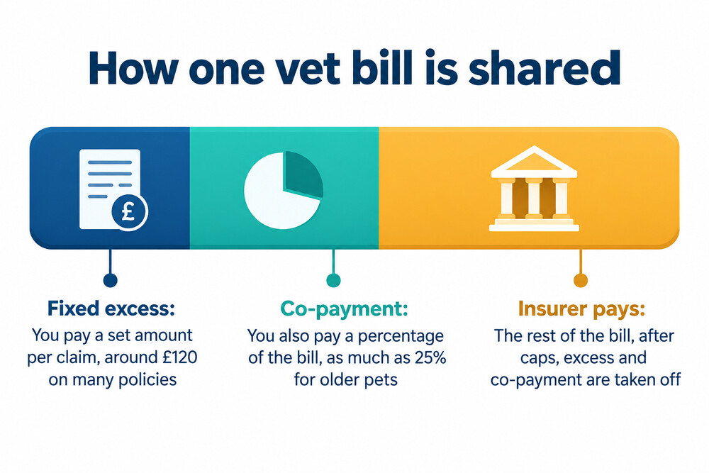 A vet bill split into the parts the owner pays and the part the insurer pays