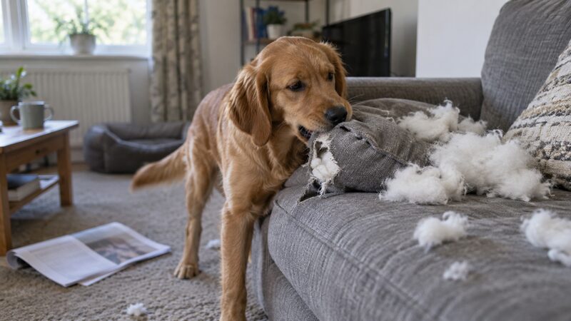 A pet chewing a sofa, with a home insurance policy document beside it
