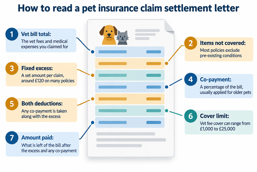 An example of a pet insurance claim settlement letter showing the vet bill, the excess deducted and the amount paid