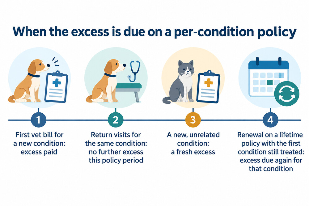 How excesses build up over one policy year with an ongoing condition and a new one