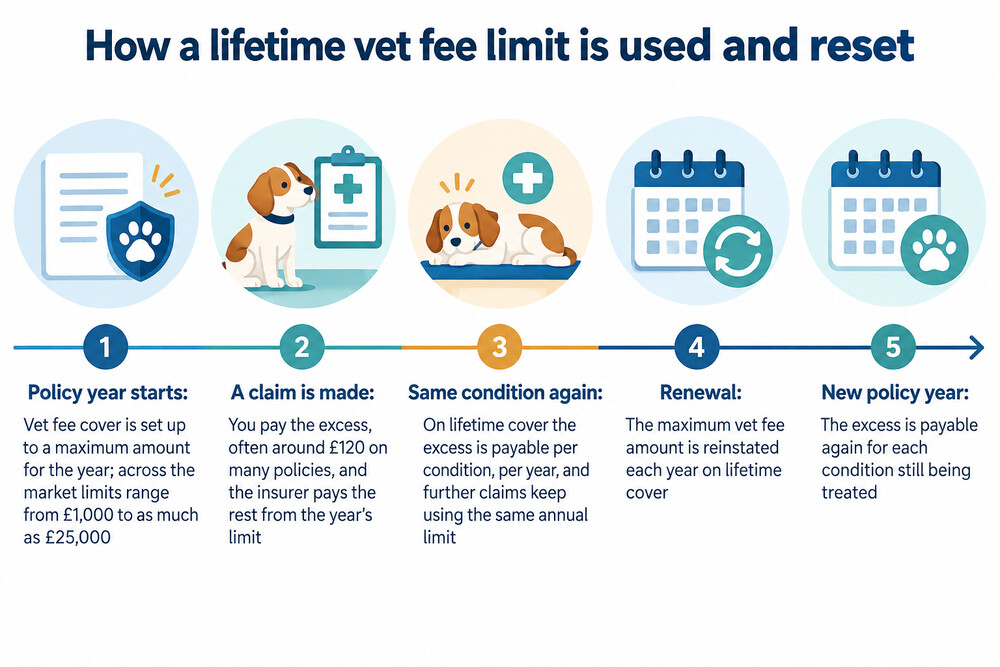 A timeline showing a vet fee limit being reduced by a claim and then reinstated at renewal
