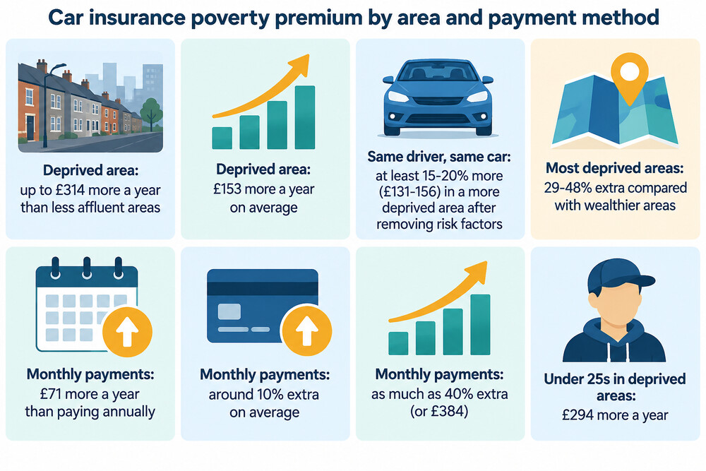 A map-style illustration showing two identical cars and drivers, one in an affluent postcode and one in a deprived postcode, with the premium difference marked