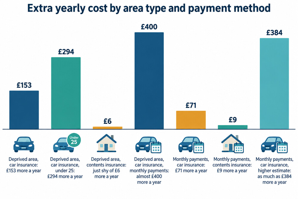 A bar chart comparing average extra annual cost by area type and payment method