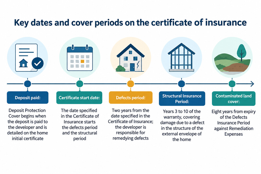 A certificate of insurance for a new-build home, showing the start date and the two cover periods