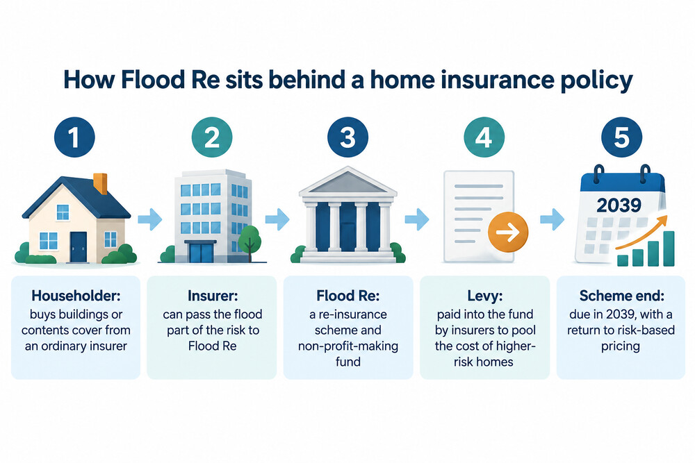 Diagram of a householder buying cover from an insurer, which passes the flood risk to Flood Re, funded by a levy paid by all insurers