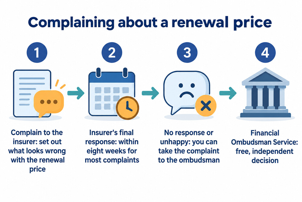 Flow showing a complaint going to the insurer first, then to the Financial Ombudsman Service after eight weeks or an unsatisfactory response