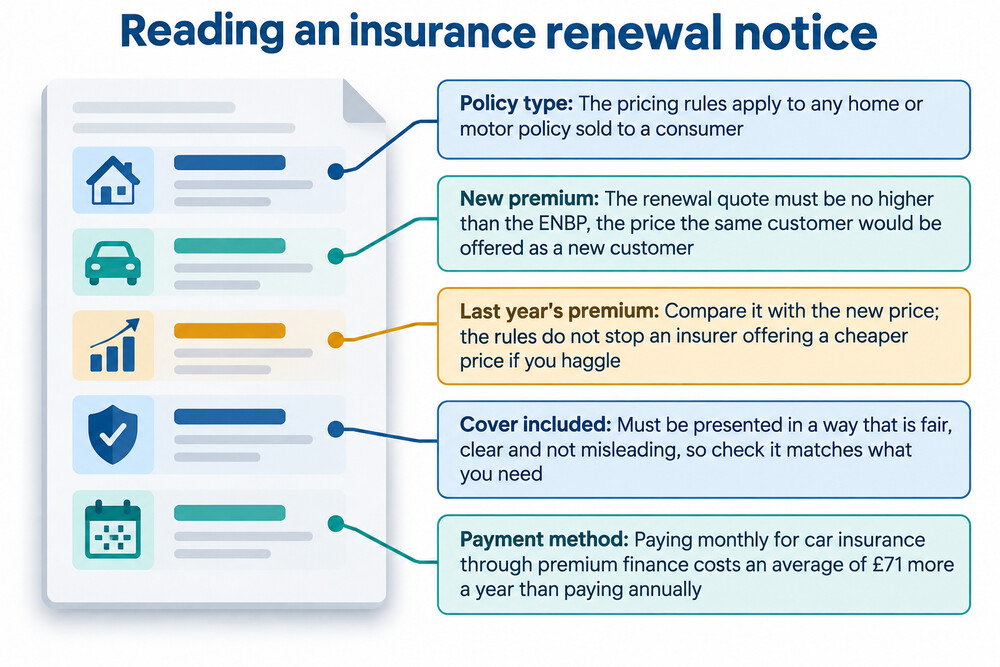 A home insurance renewal letter showing the premium for the coming year, with the previous year's price alongside for comparison