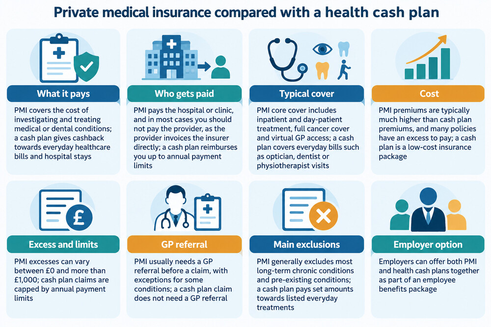 A side-by-side comparison of what a private medical insurance policy pays for and what a health cash plan pays for