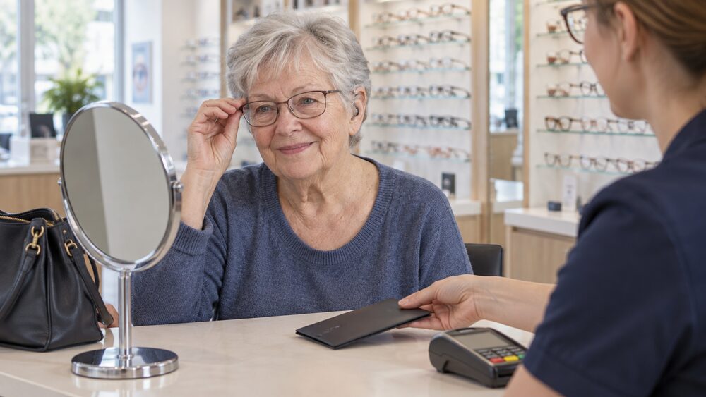 An older woman tries on new glasses at an optician's counter as a receipt folder is passed to her.
