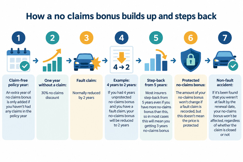 A simple diagram showing a no claims bonus building up year by year and stepping back after a fault claim