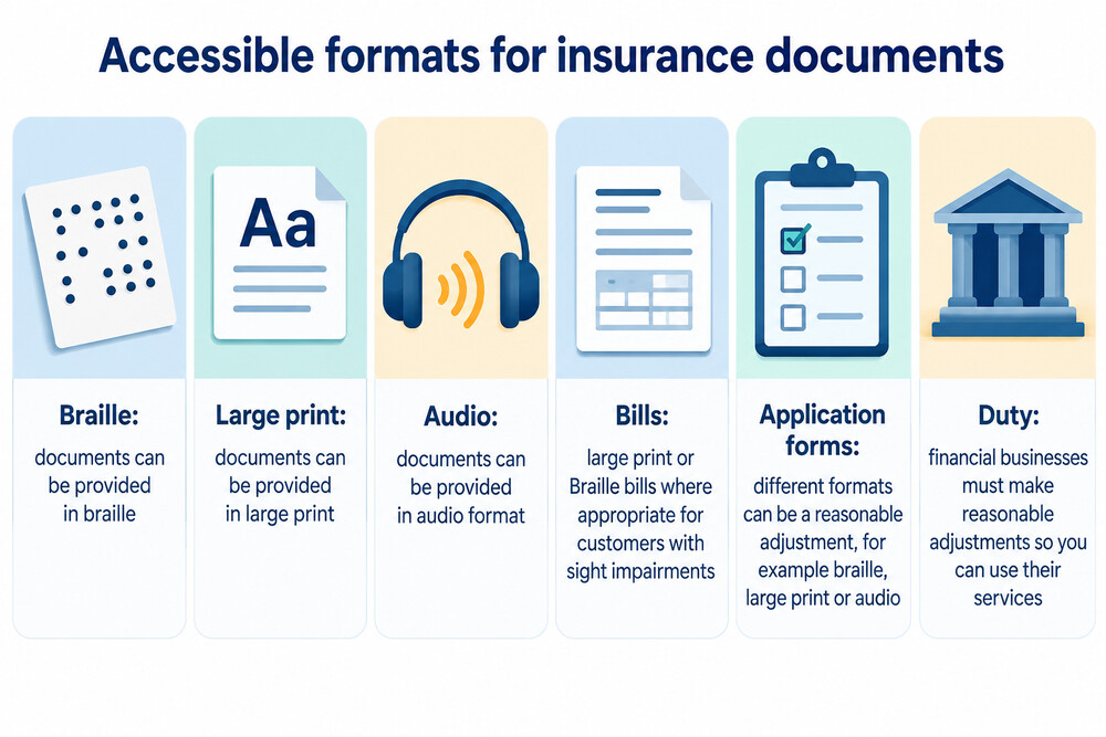 A person reading an insurance policy document printed in large print, with a magnifier and a tablet showing an audio version