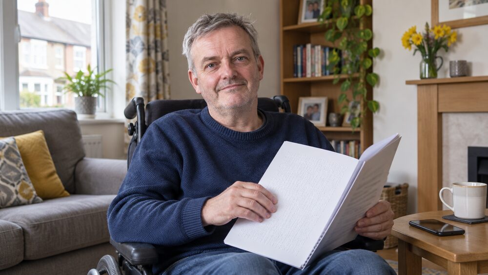 A wheelchair user holds a document with raised braille dots beside a phone on a side table.