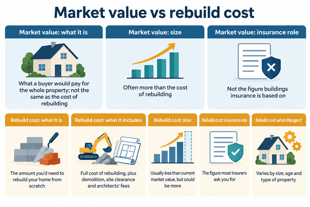 A diagram-style image contrasting a house's market value with its rebuild cost, showing the house, the land beneath it and the two different figures