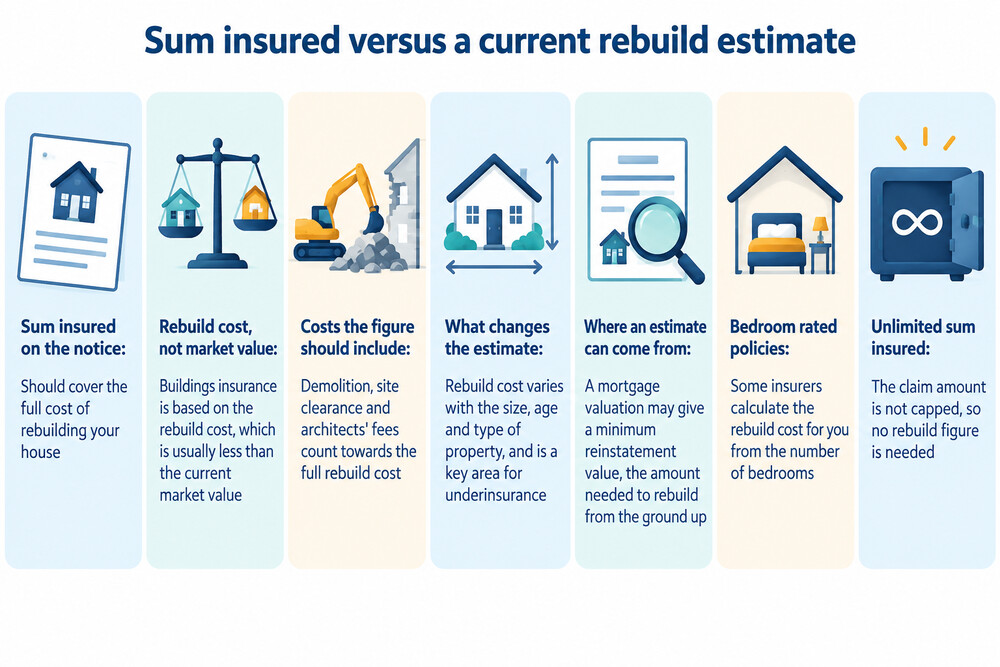 A homeowner reviewing their insurance renewal documents next to a calculator, checking the sum insured against current rebuild costs