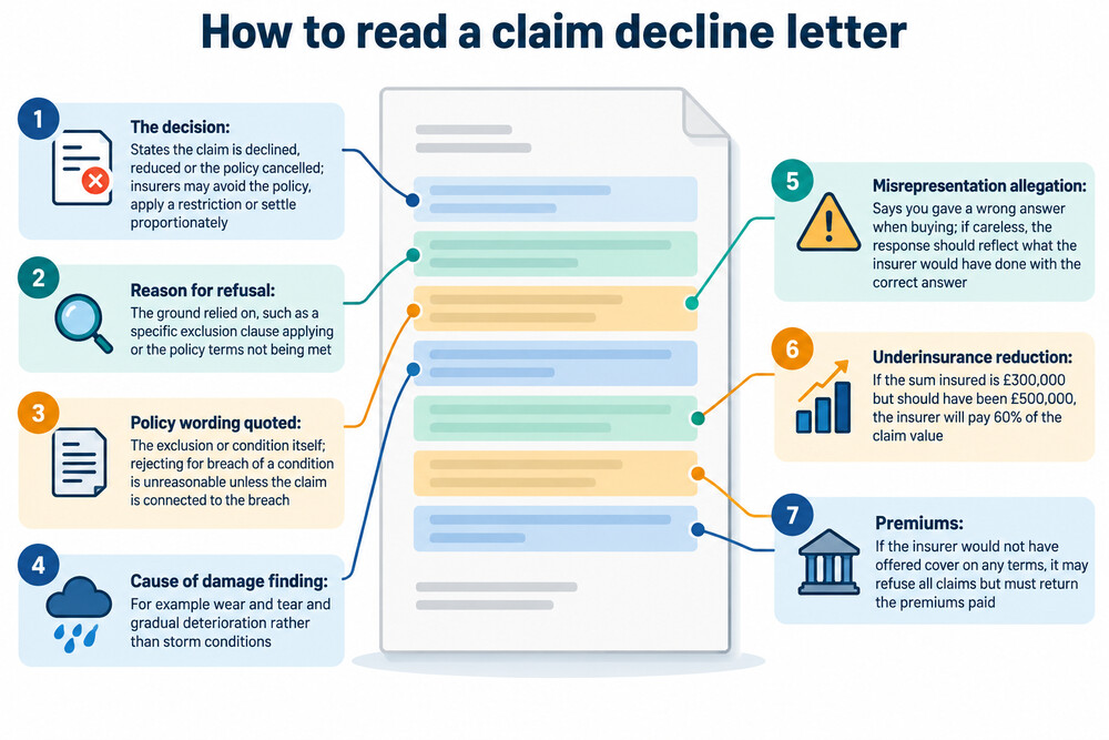 A declined claim letter from an insurer, showing the reason for refusal and the customer's right to complain