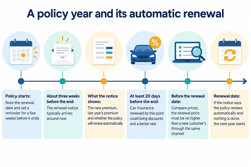 A calendar timeline showing an insurance policy year ending, the renewal notice arriving in advance, and the renewal date when the new premium is taken