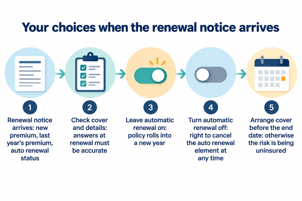 A flow showing the choices at renewal: let the policy renew, turn off automatic renewal and switch, or turn it off and renew manually