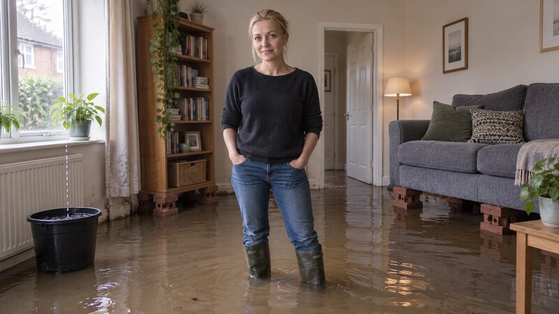 A woman stands in shallow floodwater in a rented living room with furniture raised on bricks.
