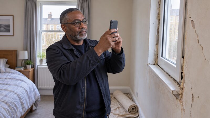 A homeowner photographing cracked plaster and a badly fitted window frame after a repair