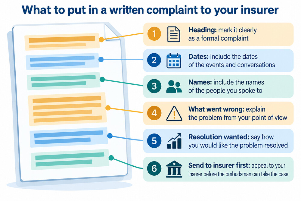 A written complaint letter to an insurer with dates and names listed