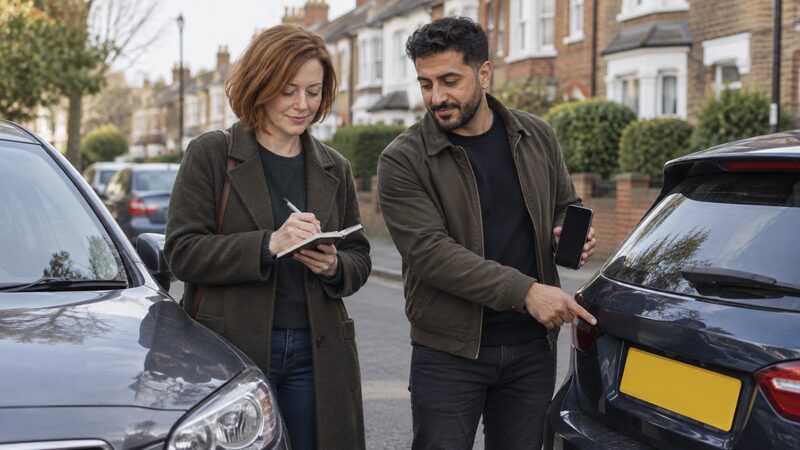 Two drivers exchange details between parked cars on a residential street.