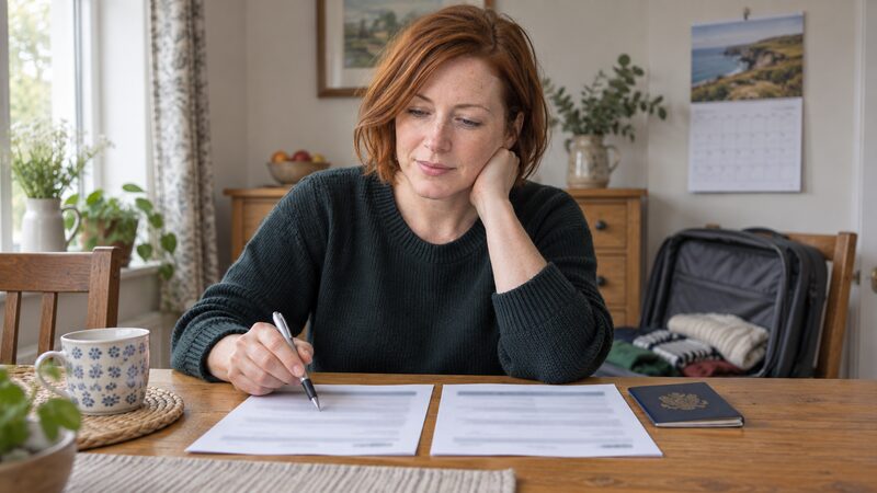 A person reviewing travel insurance policy documents before booking a holiday