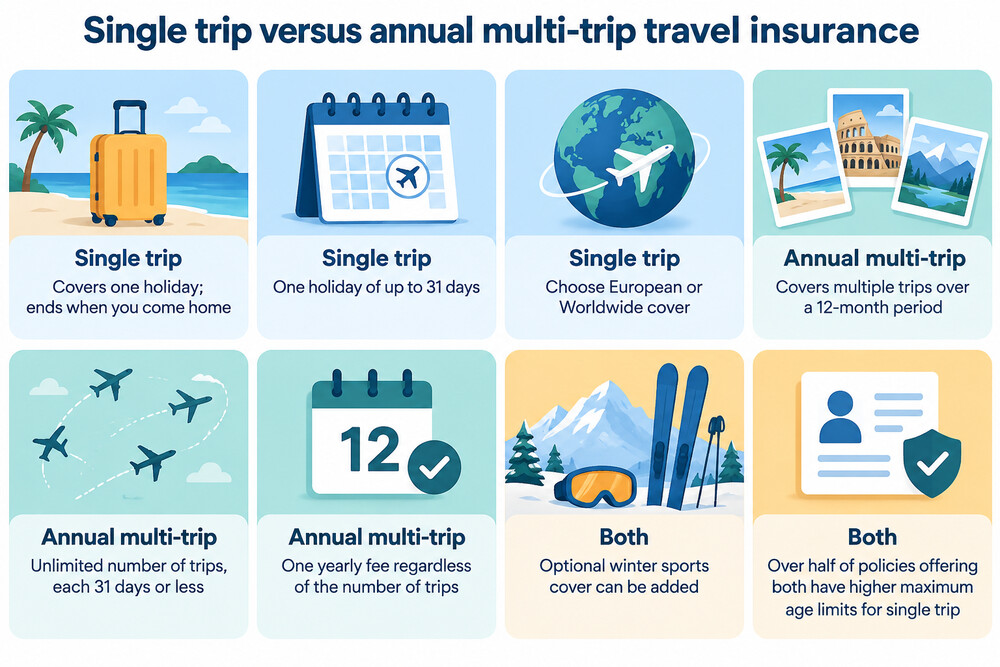 A side-by-side comparison of a single trip policy covering one holiday and an annual policy covering several trips across a year