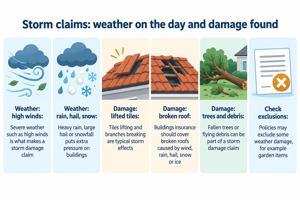 Weather evidence for a storm claim: an anemometer reading, a photo of roof damage and a local weather report