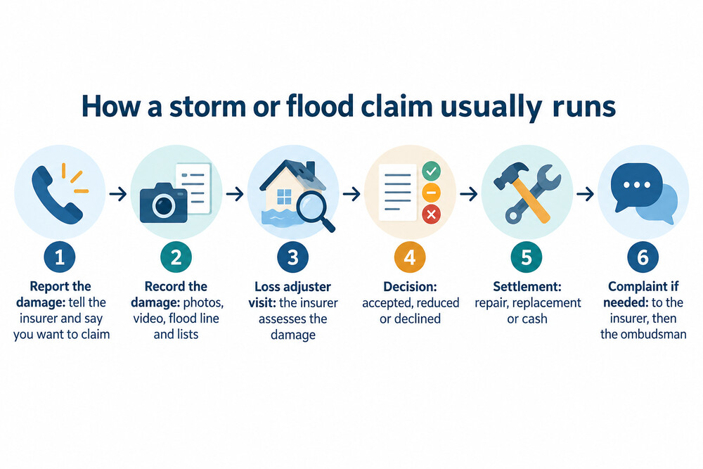 The steps of a home insurance weather claim, from reporting the damage to settlement