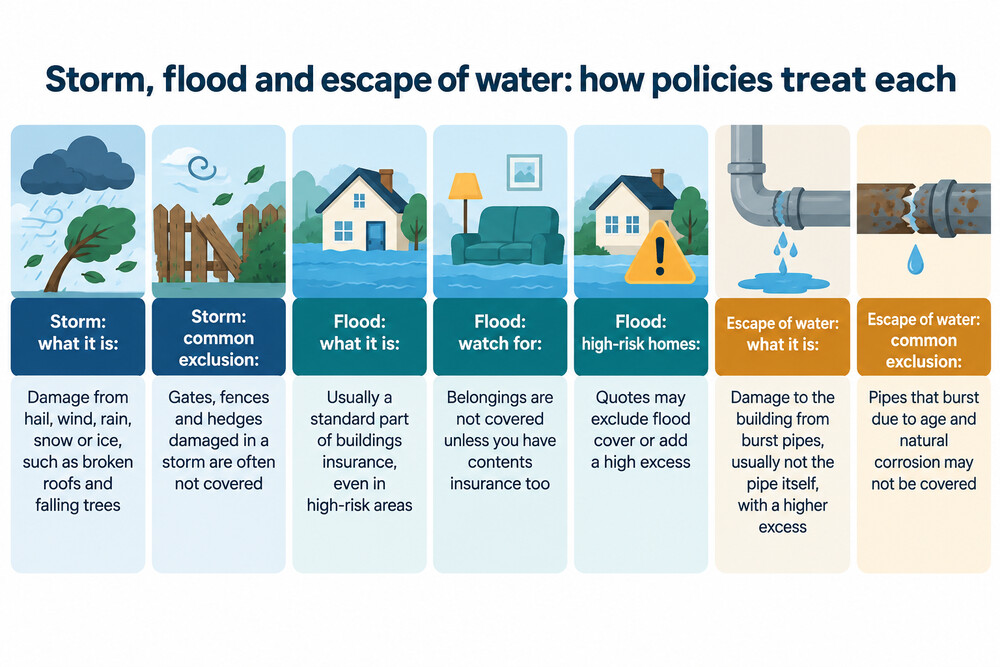 A house showing storm damage: a fallen tree on the roof, flood water at the door and a burst pipe leaking indoors
