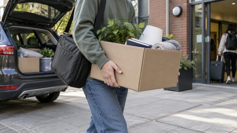 Hands carry a box and laptop bag outside a halls entrance.