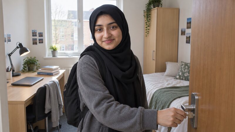 A student locks the door of her halls bedroom with a laptop on the desk.