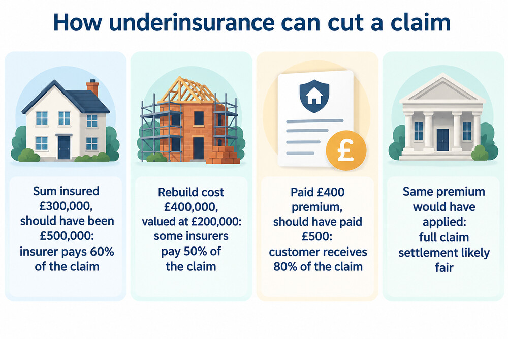 Comparison diagram showing a correct sum insured leading to a full payout and a low sum insured leading to a proportionally reduced payout