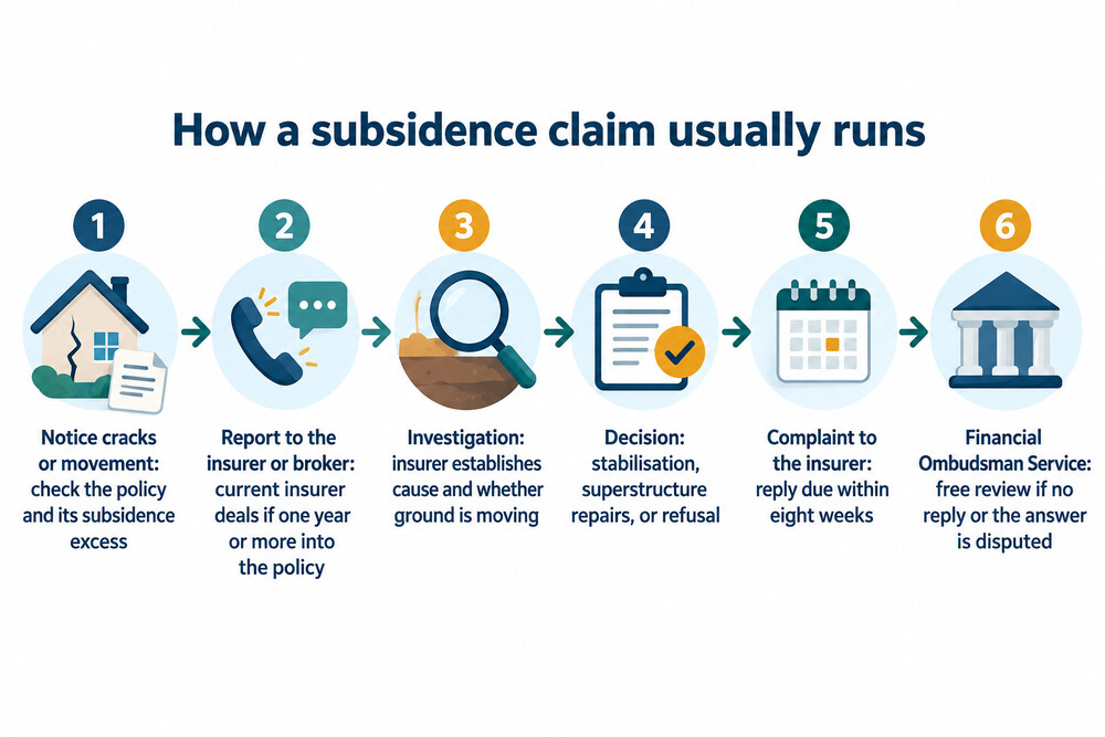 Flow diagram of a subsidence claim from noticing cracks to a complaint to the ombudsman