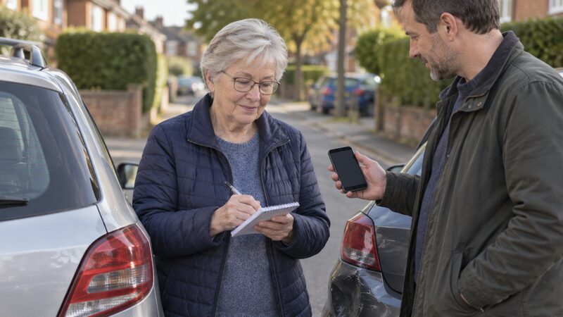 An older driver writes details beside two cars after a minor bump.