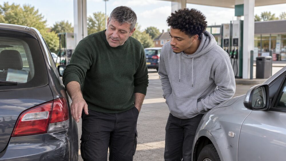 Two men look at minor damage on their cars at a petrol station forecourt in daylight.