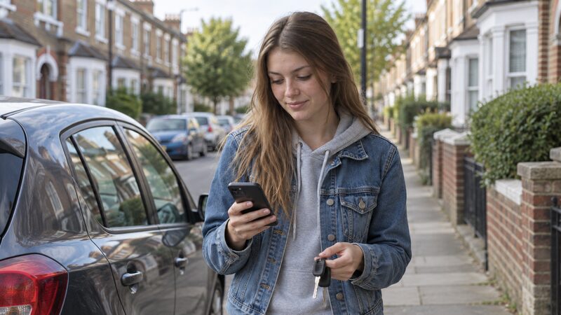 A driver buying a one-day policy on a phone before collecting a car