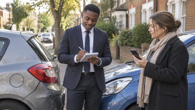 Two drivers exchange details between cars with minor bumper damage.