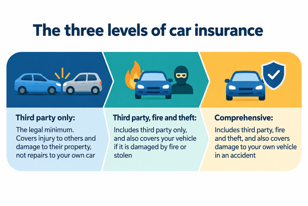 A simple diagram showing the three levels of car insurance stacked, with third party only at the base and comprehensive at the top