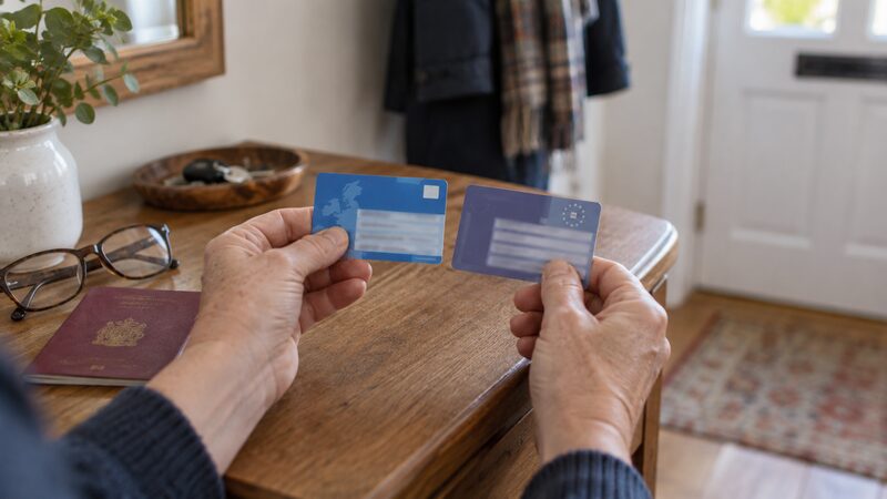 Two hands compare two health insurance cards above a hall table.