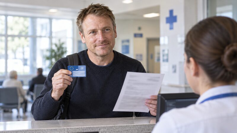 A man shows a health card and policy at a hospital reception abroad.
