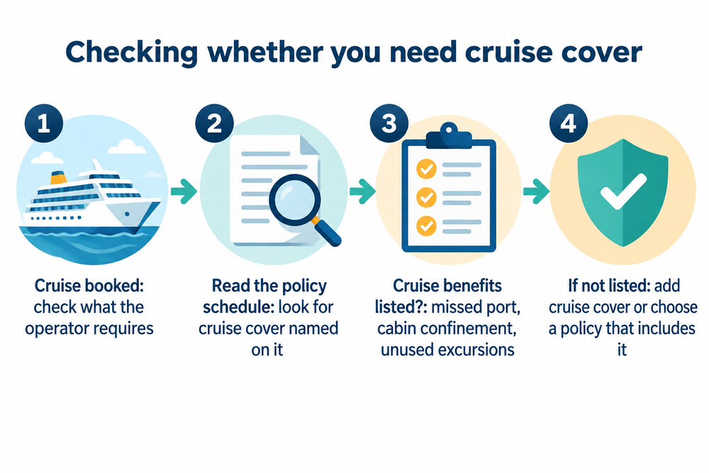 A decision flow from booking a cruise to checking the policy schedule for cruise benefits