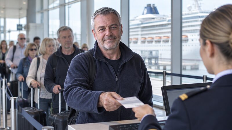 A passenger hands a document to crew at a cruise terminal desk.