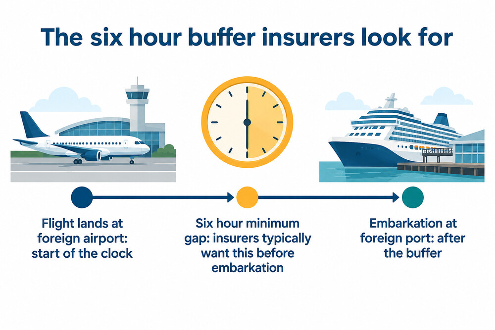A timeline showing a flight arrival, a six hour buffer and cruise embarkation