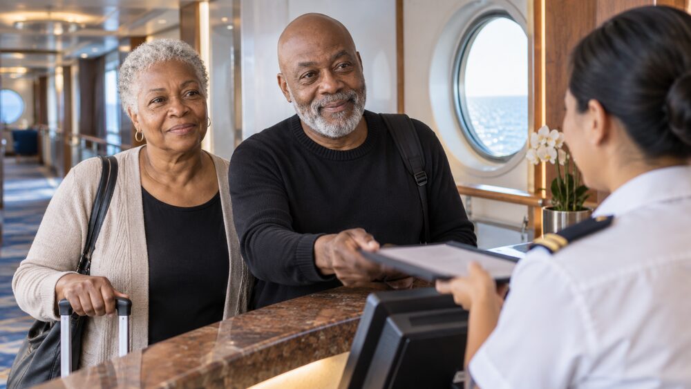 A couple hand a policy folder to crew at a cruise ship reception.